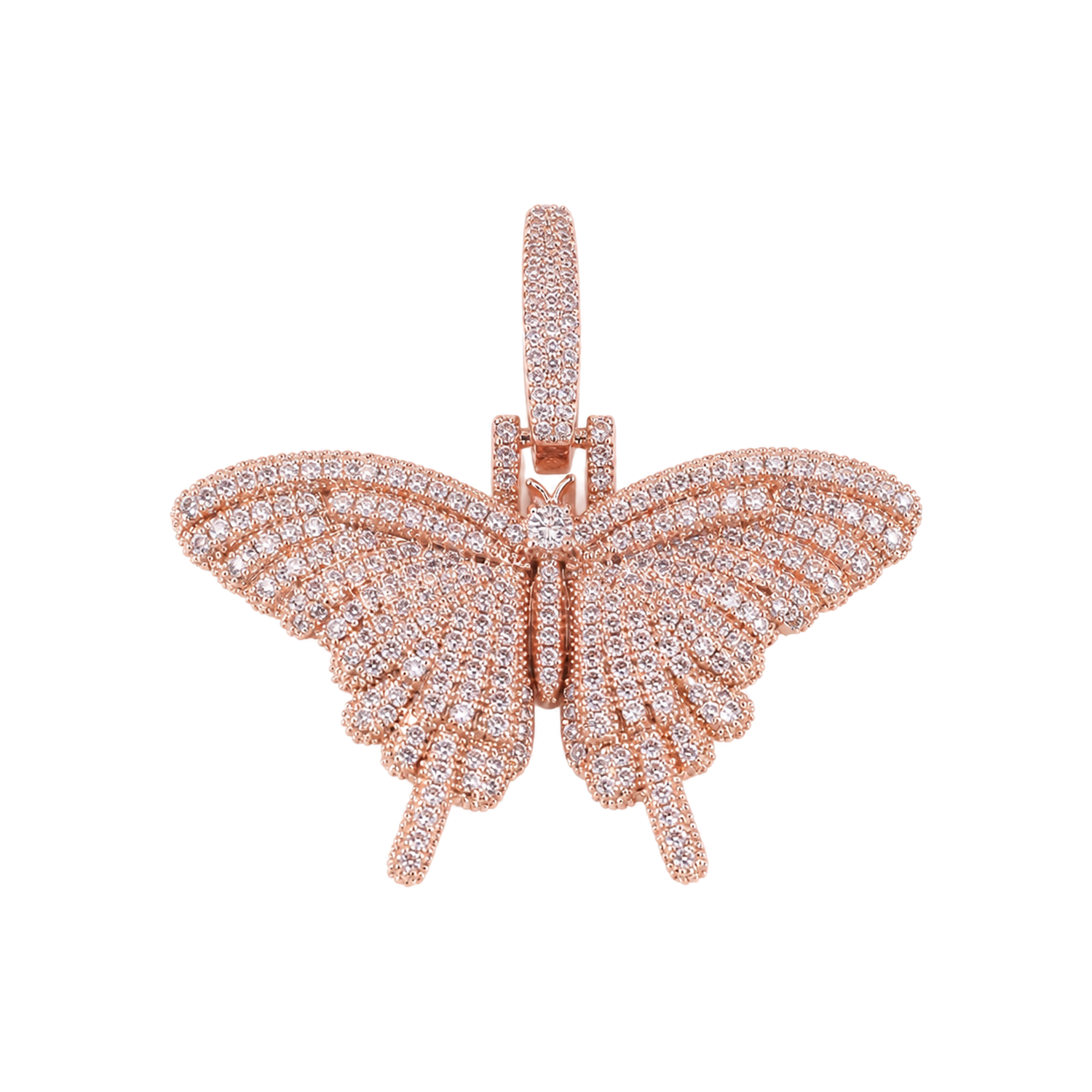 Rose gold mini solid iced butterfly pendant with pink cubic zirconia on white