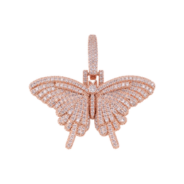 Rose gold mini solid iced butterfly pendant with pink cubic zirconia on white
