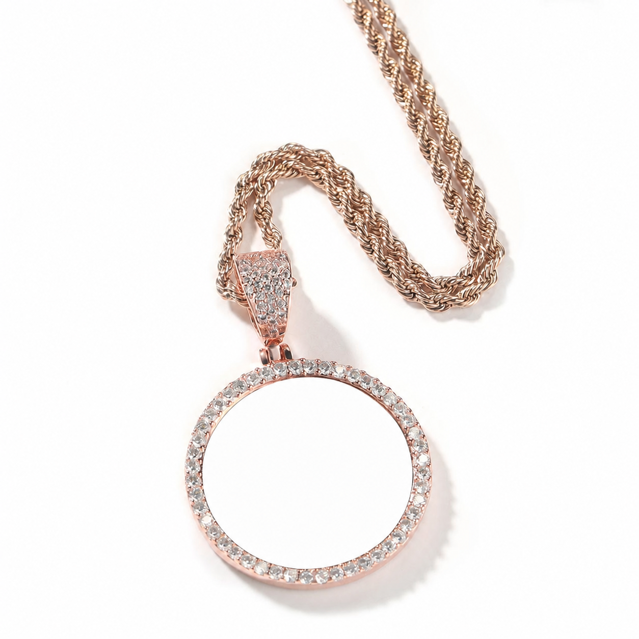Rose gold round custom photo pendant with white photo center