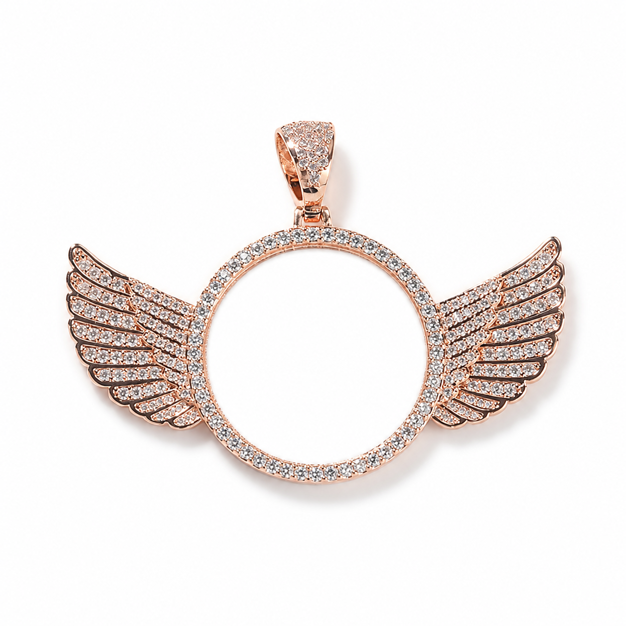 Rose gold 45mm winged custom photo pendant with cubic zirconia frame