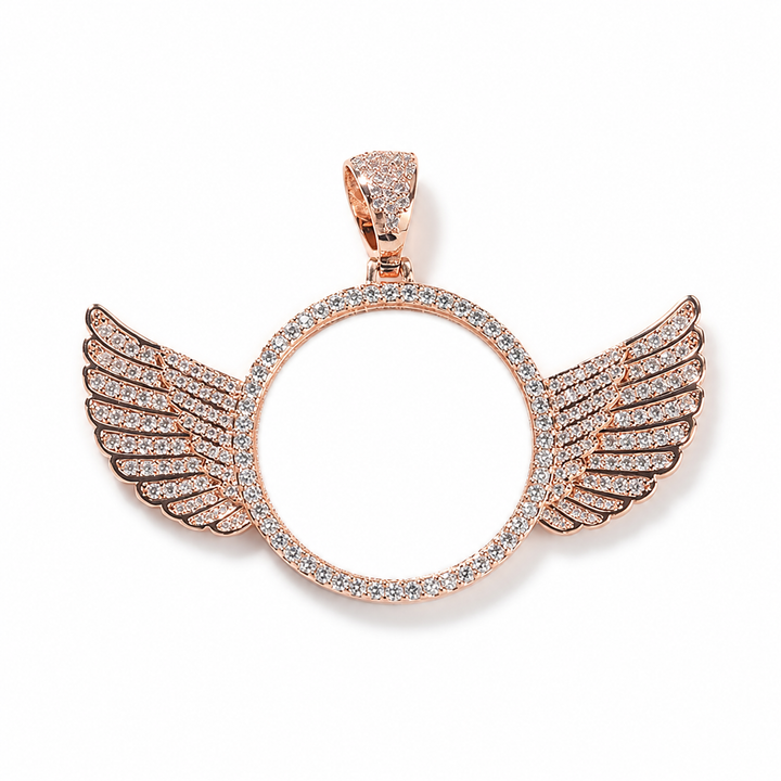 Rose gold 45mm winged custom photo pendant with cubic zirconia frame