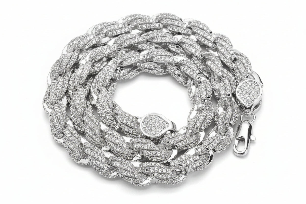 Silver 9mm iced twisted rope chain and rhinestone clasp detail