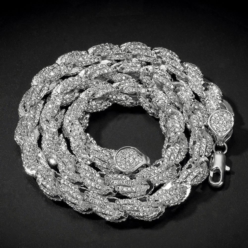 Silver 9mm iced twisted rope chain and rhinestone clasp detail