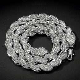 Silver 9mm iced twisted rope chain and rhinestone clasp detail