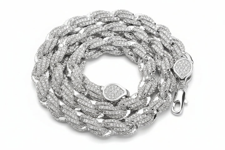 Silver 9mm iced twisted rope chain and rhinestone clasp detail