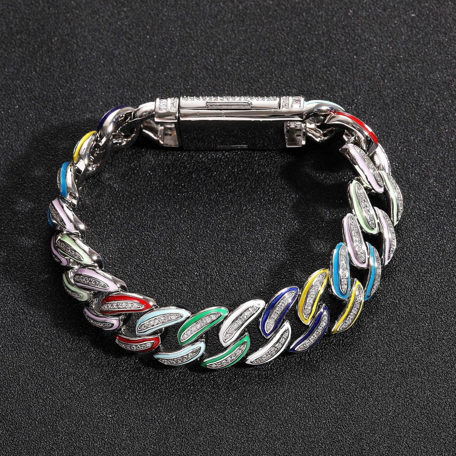 Silver multicolor enamel iced Cuban bracelet on black