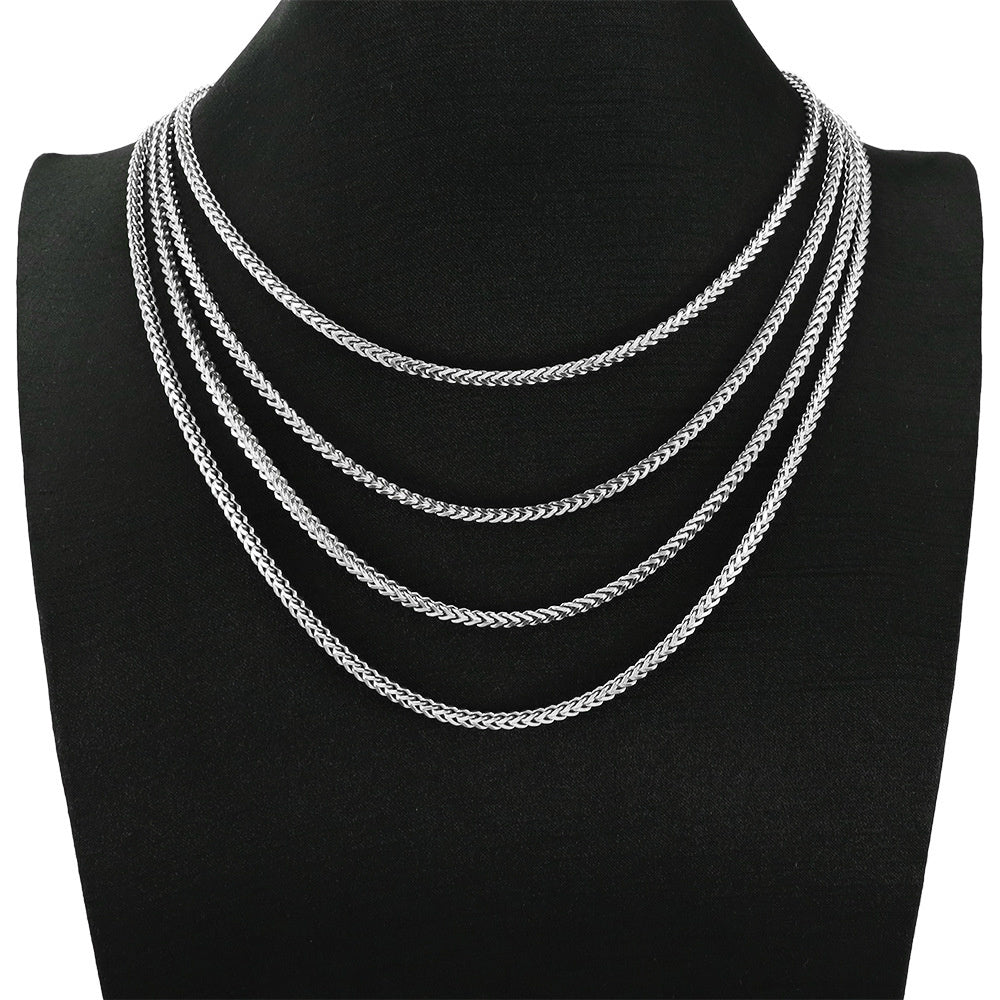 Silver 3mm Franco Chain length options on a display stand