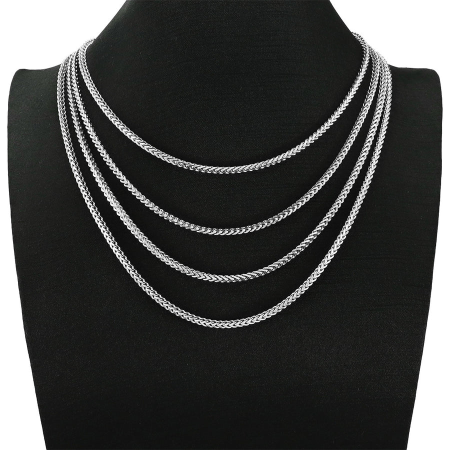 Silver 3mm Franco Chain length options on a display stand