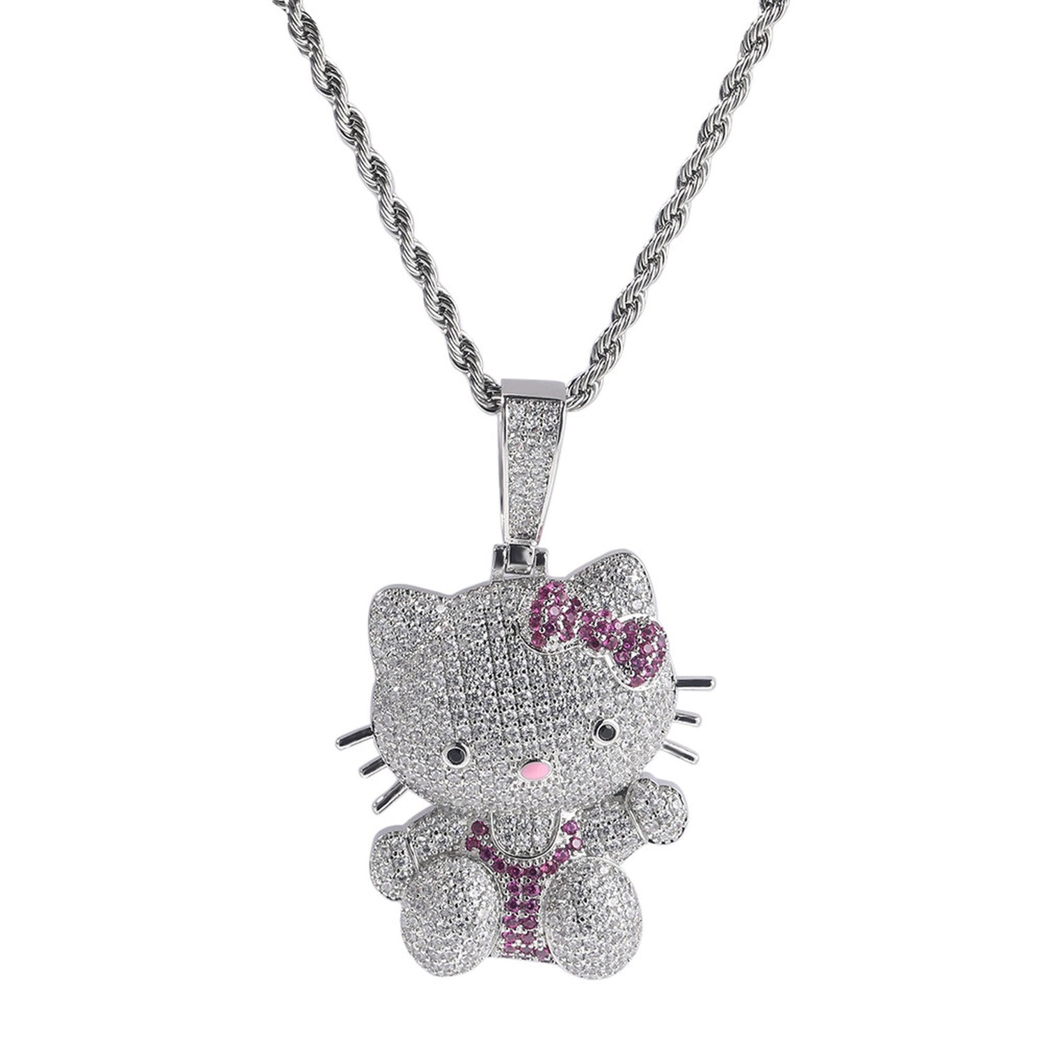 Front view of the silver iced pink bow cat pendant