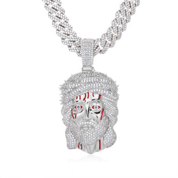 Silver-tone iced bleeding Jesus Crown of Thorns pendant with blood-red details on white