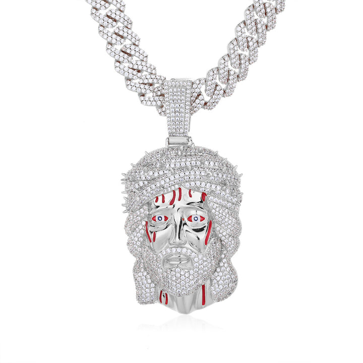 Silver-tone iced bleeding Jesus Crown of Thorns pendant with blood-red details on white