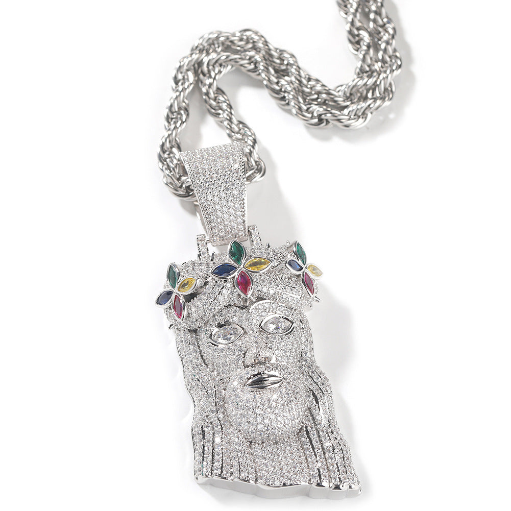 Silver-tone crowned portrait pendant with multicolor crown stones