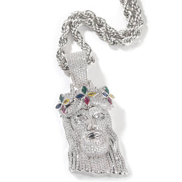 Silver-tone crowned portrait pendant with multicolor crown stones