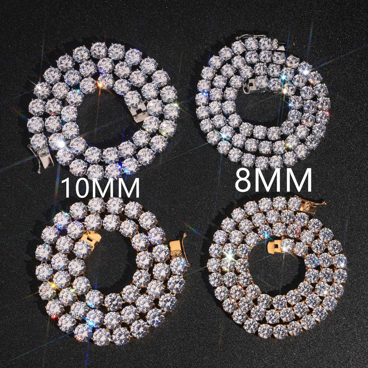 Silver 8mm and 10mm four-prong tennis chain width comparison