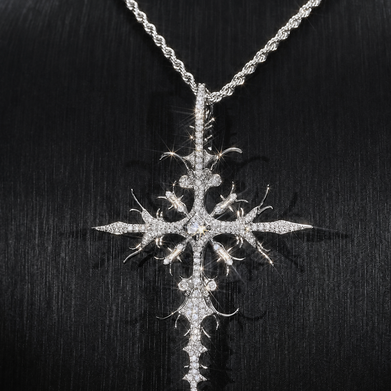 Silver iced thorn cross pendant front presentation on black