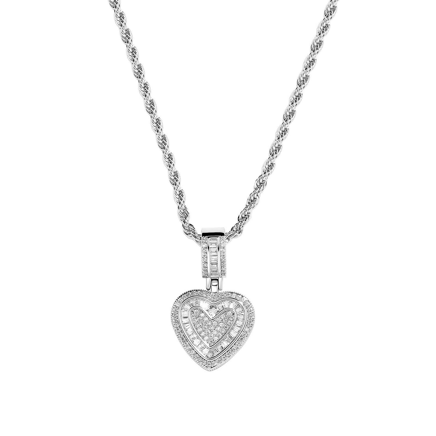 White Gold baguette iced double heart pendant with white cubic zirconia