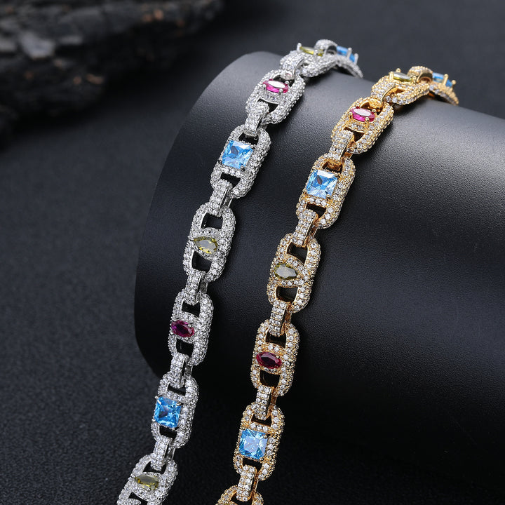 Silver- and gold-tone open link bracelets with blue, pink and pale-yellow stones