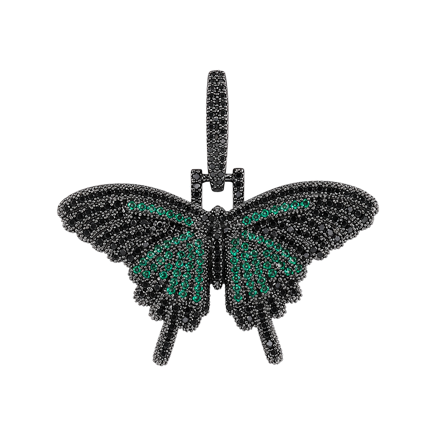 Black mini solid iced butterfly pendant with green cubic zirconia on white