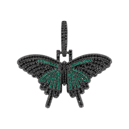 Black mini solid iced butterfly pendant with green cubic zirconia on white