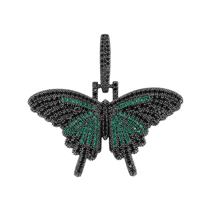Black mini solid iced butterfly pendant with green cubic zirconia on white