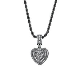 Black baguette iced double heart pendant with white cubic zirconia