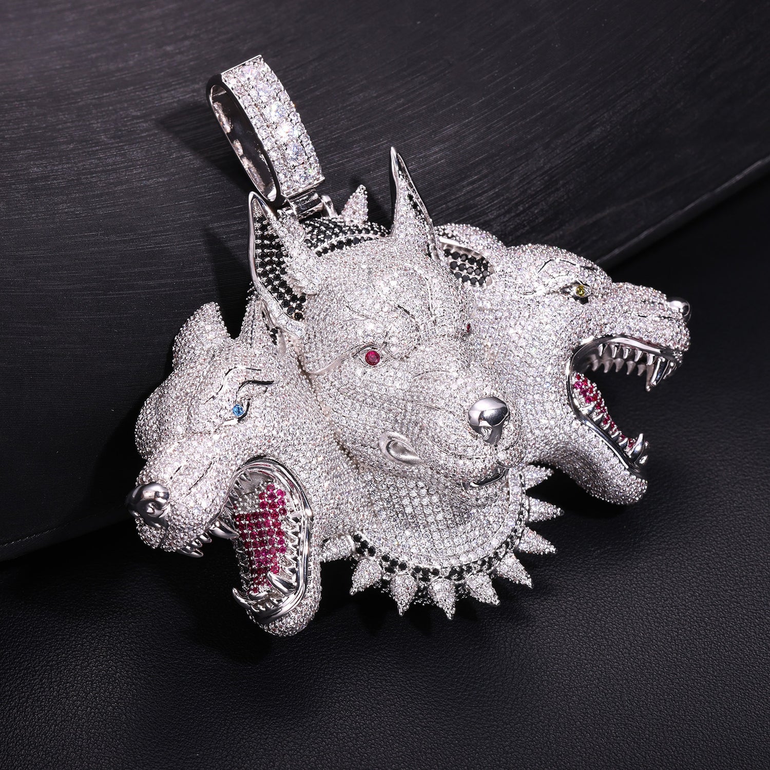 Silver iced Cerberus three-head pendant side angle