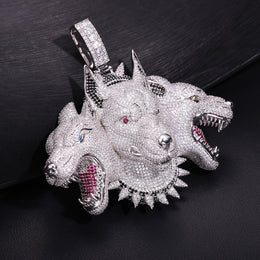 Silver iced Cerberus three-head pendant side angle