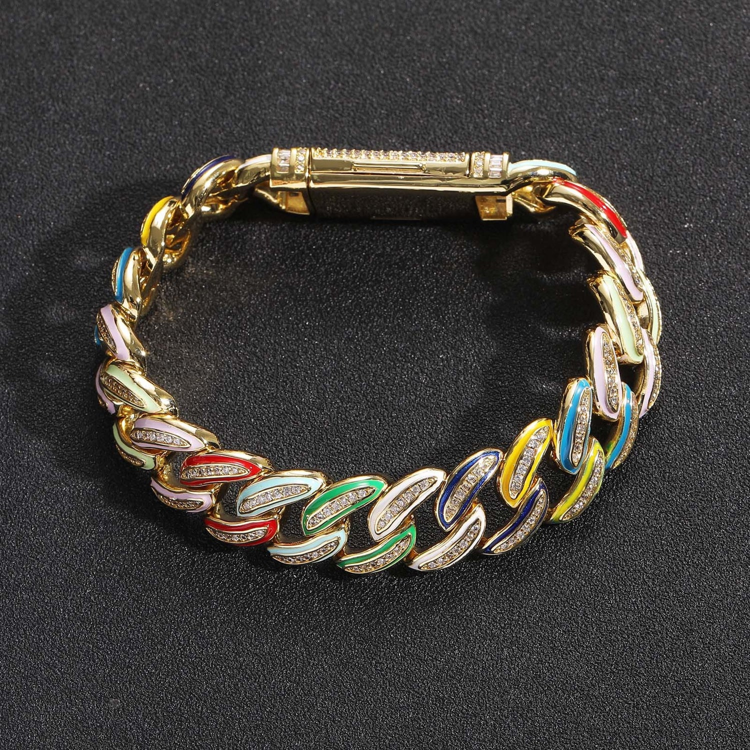 Gold multicolor enamel iced Cuban bracelet on black
