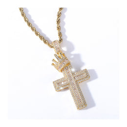 Gold iced crown cross pendant angled detail