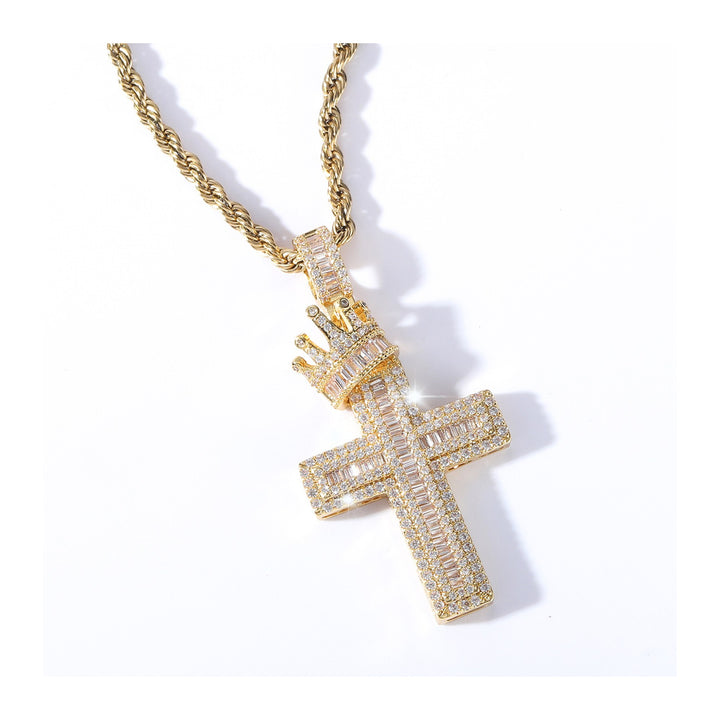 Gold iced crown cross pendant angled detail