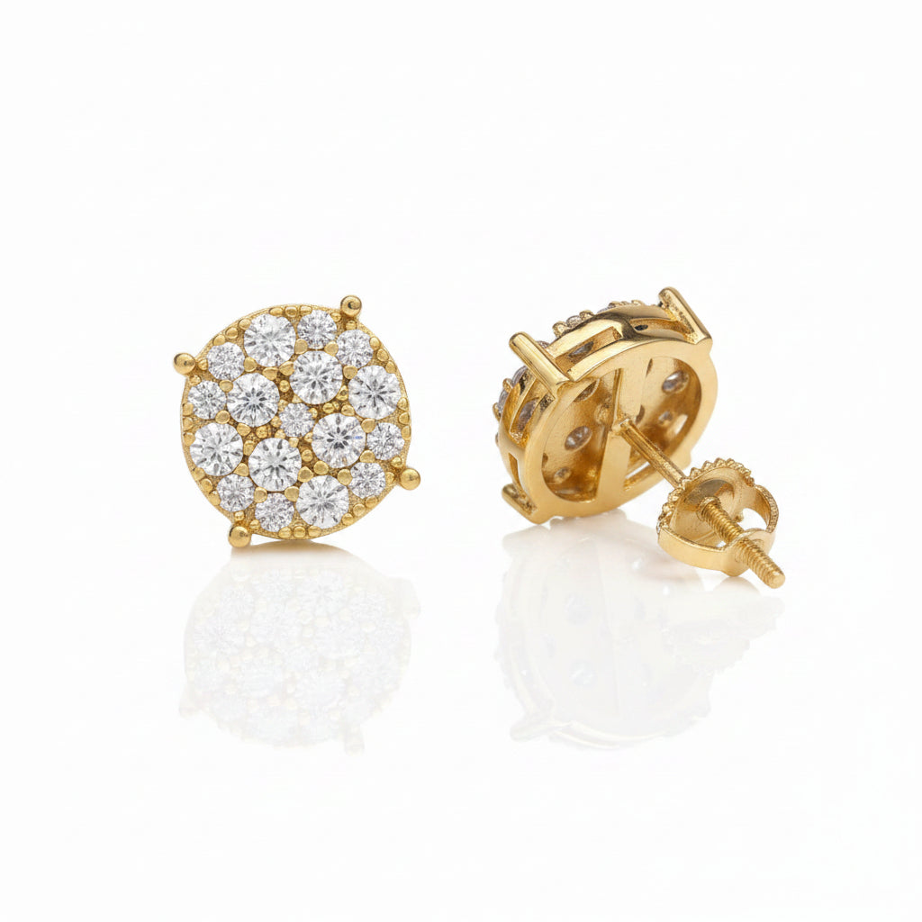 Gold ice crystal moissanite stud earring front and screw-back view