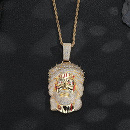 Gold-tone iced Crown of Thorns Jesus pendant front view on black