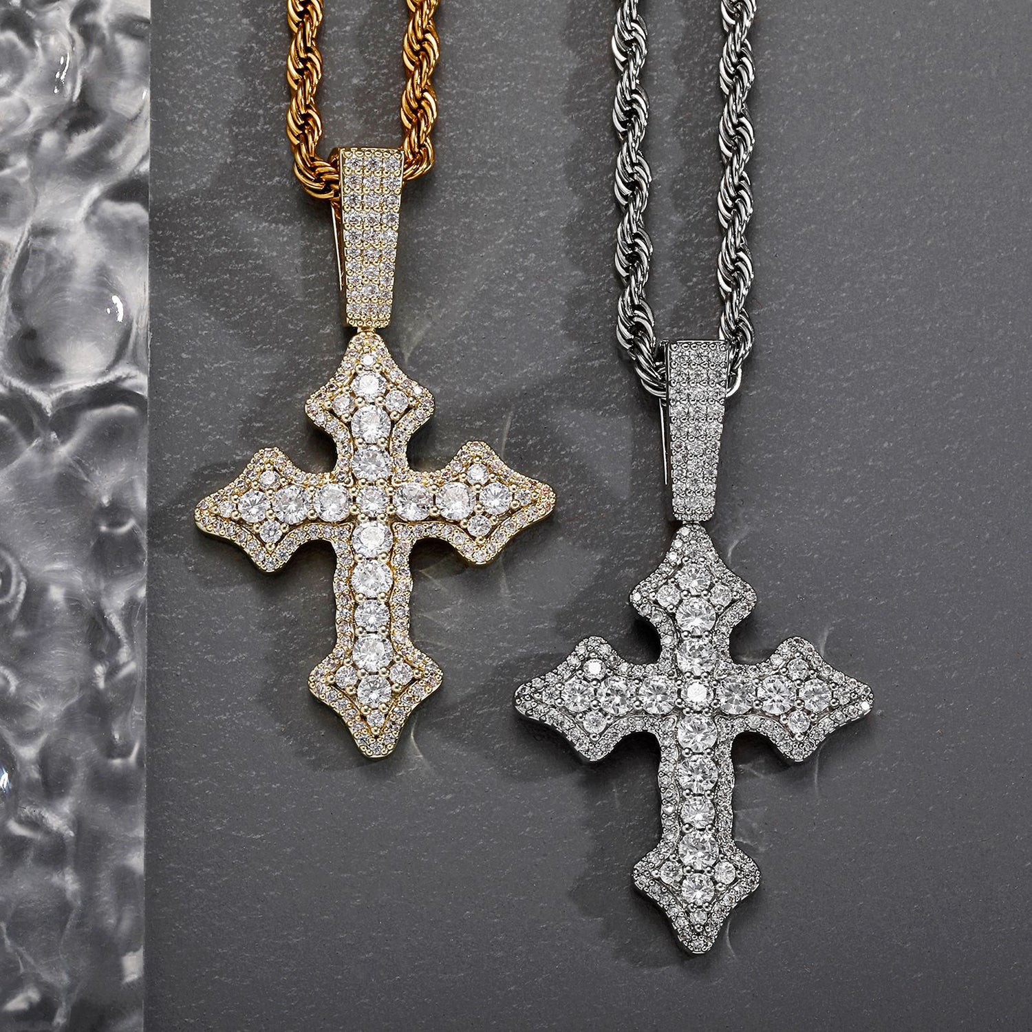 Gold and Silver iced vintage cross pendants close-up