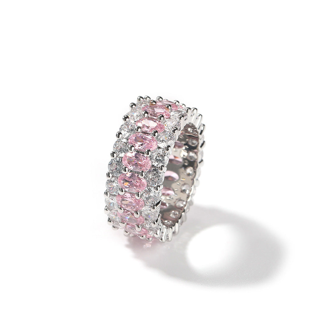 Angled pink-stone three-row oval ring on white