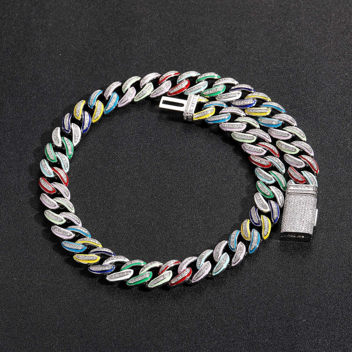Silver multicolor enamel iced Cuban chain on black