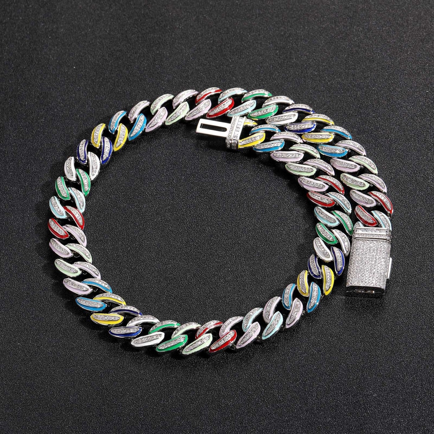 Silver multicolor enamel iced Cuban chain on black