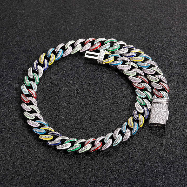 Silver multicolor enamel iced Cuban chain on black