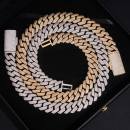 Silver and gold 4-row iced Cuban chains with wide stone-covered clasps