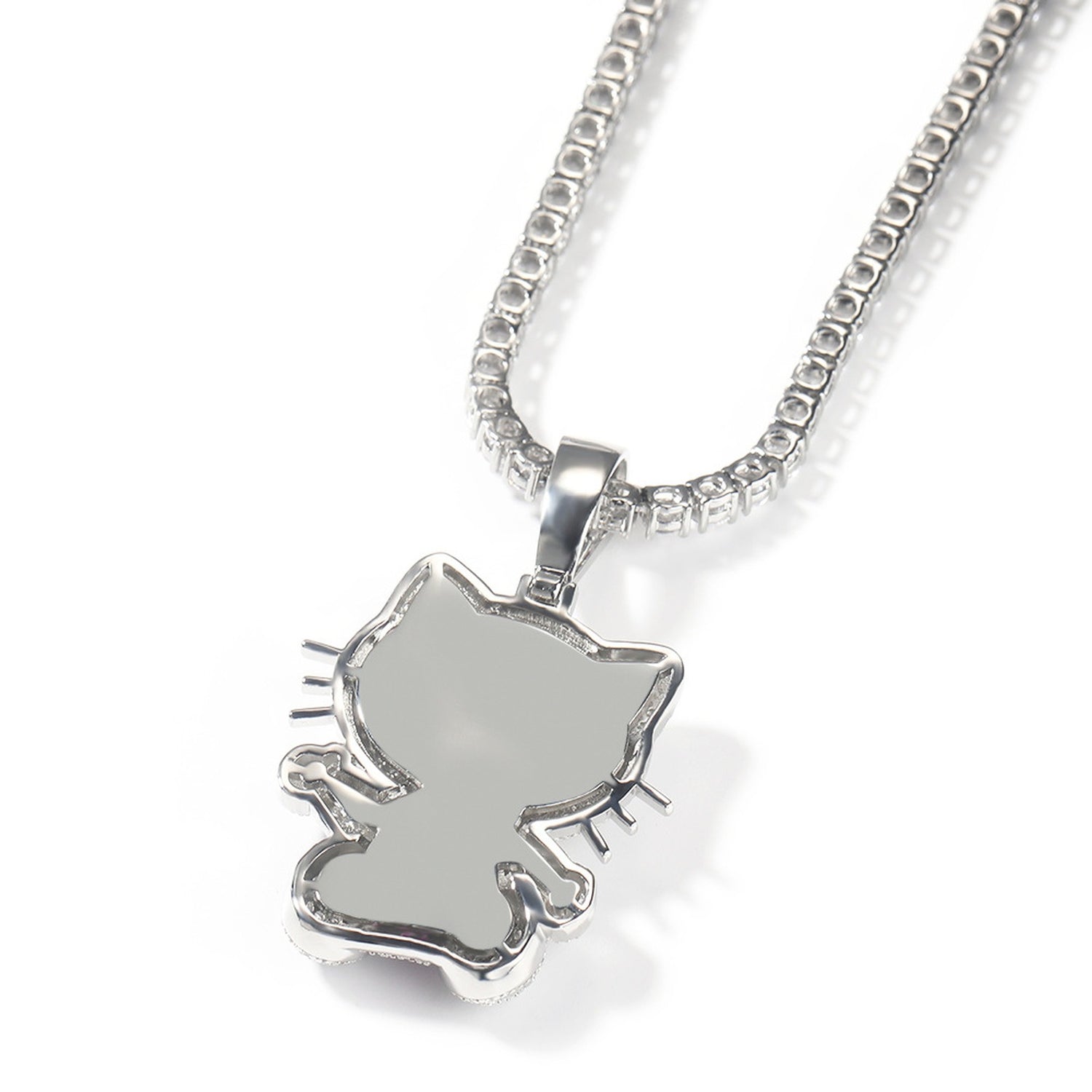 Polished back view of the silver iced pink bow cat pendant