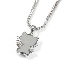 Polished back view of the silver iced pink bow cat pendant