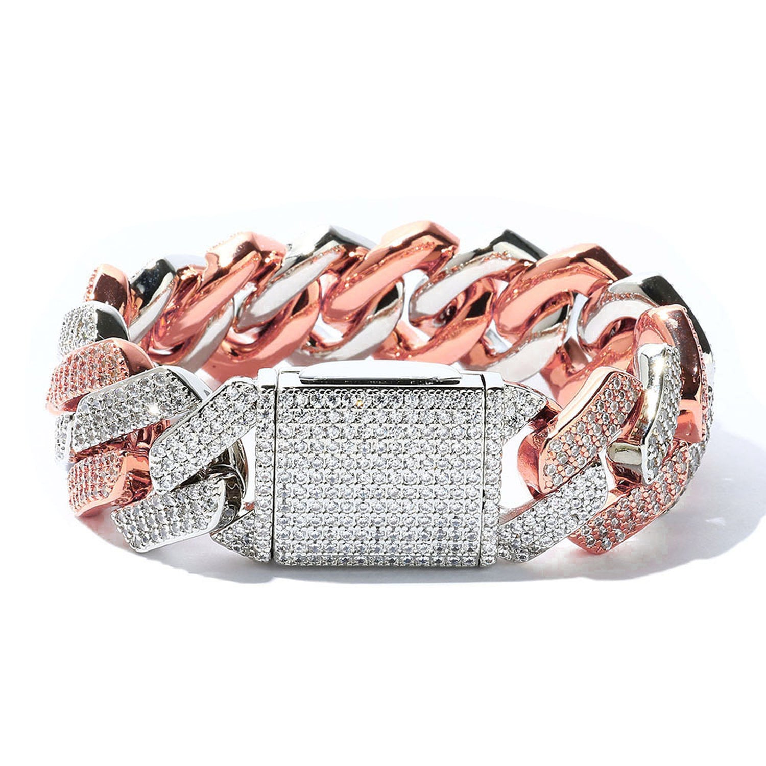 Silver and pink two-tone 20mm iced Cuban link bracelet with three rows of CZ stones
