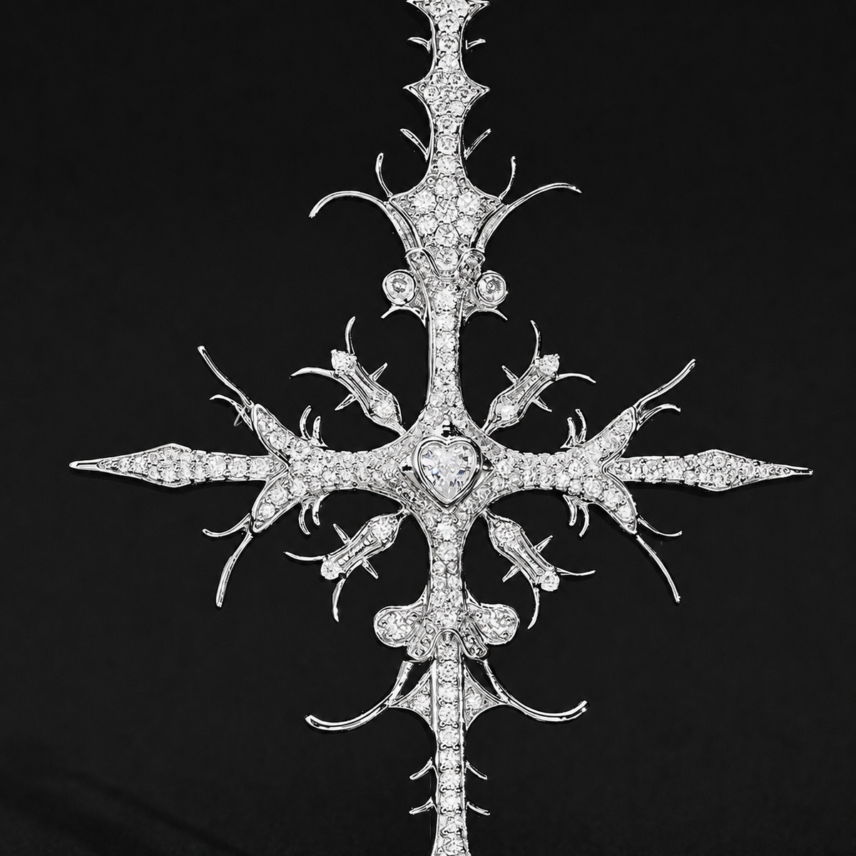 Silver iced thorn cross pendant front close-up