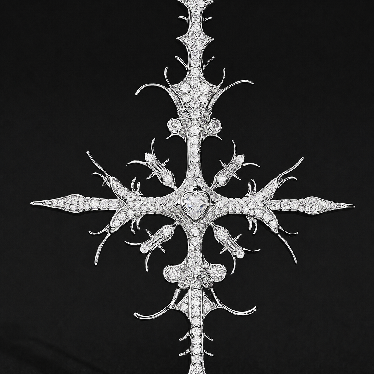 Silver iced thorn cross pendant front close-up