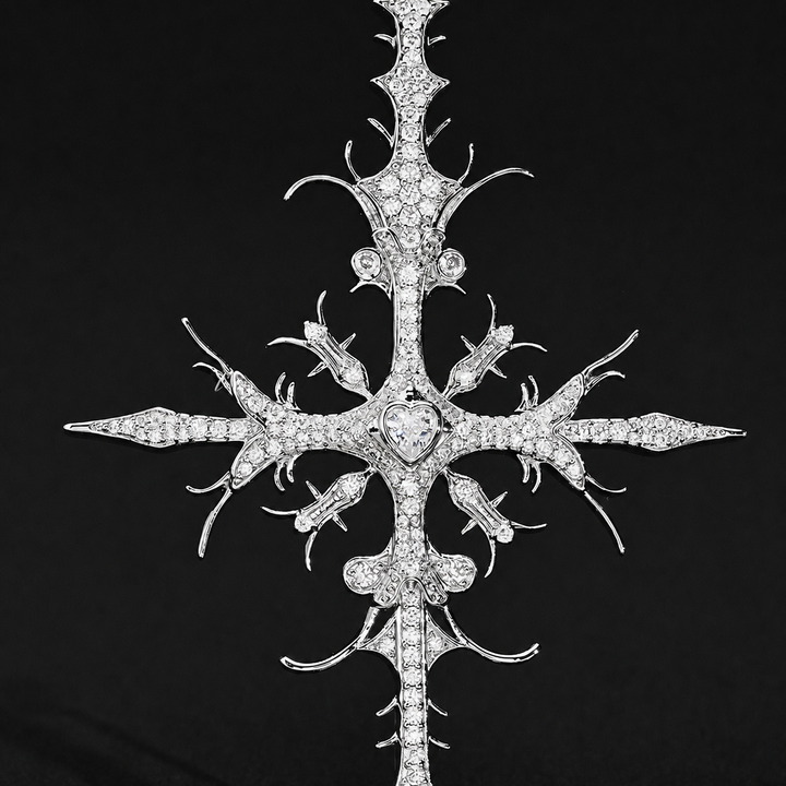 Silver iced thorn cross pendant front close-up