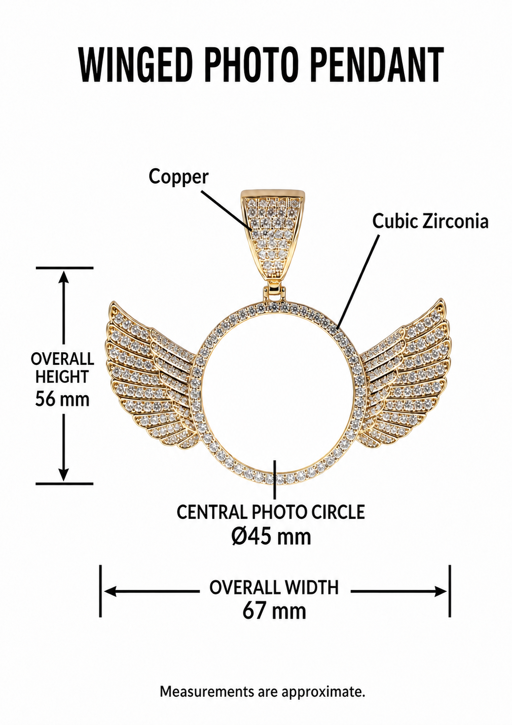 Winged photo pendant size guide showing 45mm photo circle