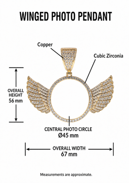 Winged photo pendant size guide showing 45mm photo circle