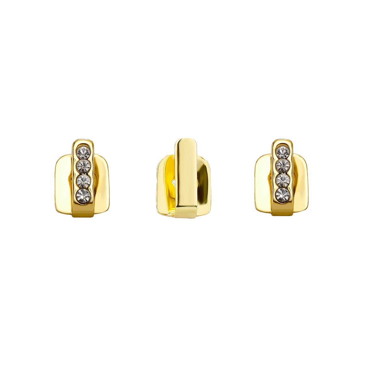 Gold three-piece tooth cap set with one smooth bar and two clear-stone bars