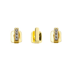 Gold three-piece tooth cap set with one smooth bar and two clear-stone bars