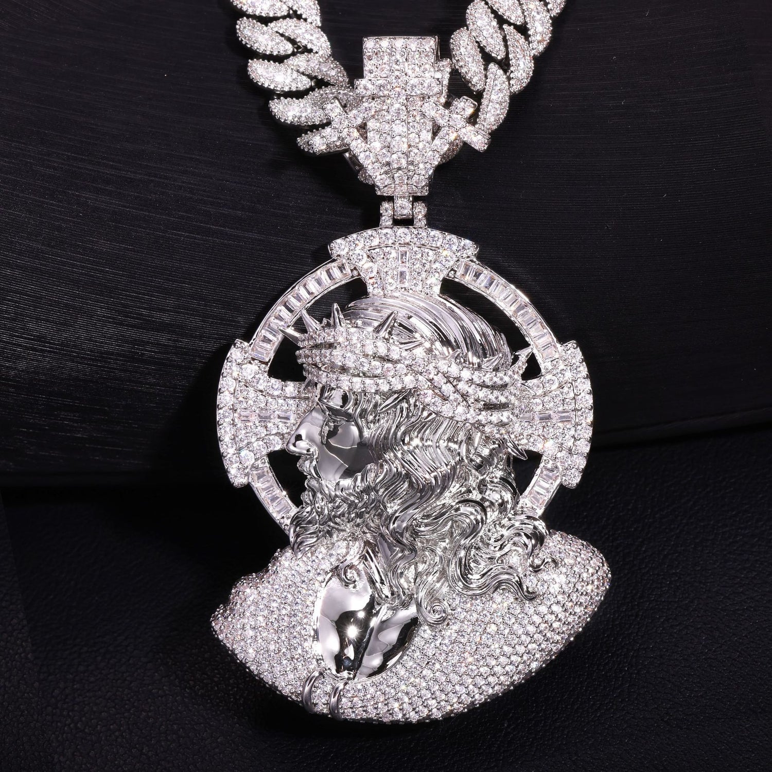 Silver iced 3D crown of thorns Jesus portrait pendant front view