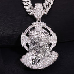 Silver iced 3D crown of thorns Jesus portrait pendant front view